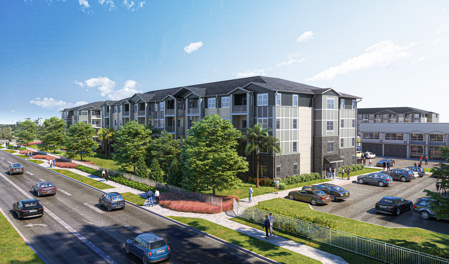 Exterior view of Madison Midtown, a modern apartment complex in Melbourne FL offering 1-, 2-, and 3-bedroom apartments.